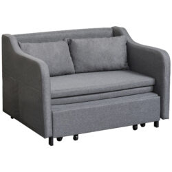 HOMCOM 2 Seater Sofa Bed, Pull Out Sofa Bed with Pillows and Side Pockets, Convertible Sleeper Couch for Living Room, Grey