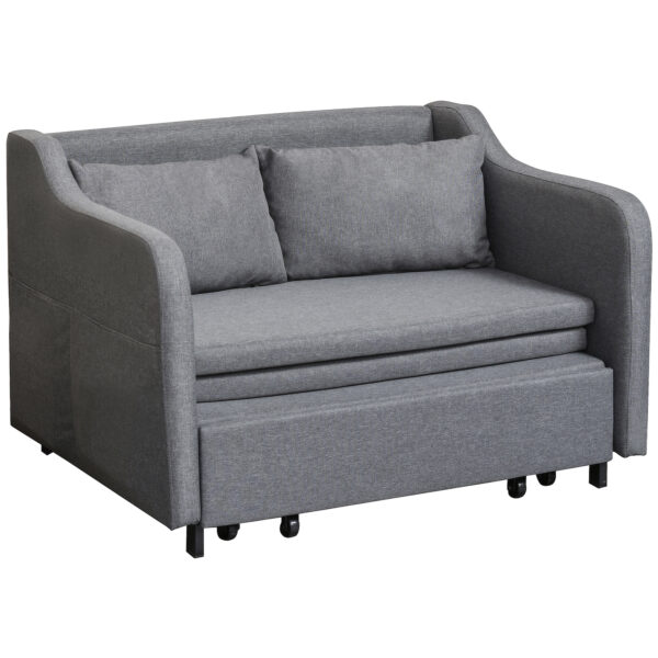 HOMCOM 2 Seater Sofa Bed, Pull Out Sofa Bed with Pillows and Side Pockets, Convertible Sleeper Couch for Living Room, Grey