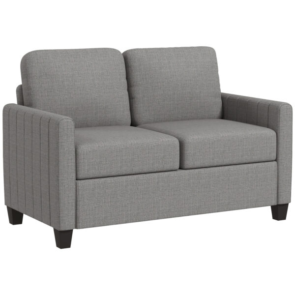 HOMCOM 2 Seater Sofa, Channel Tufted Modern Fabric Couch, Upholstered Loveseat w/ Spring Cushion, Back Pillow, for Small Space, Light Grey Aosom UK