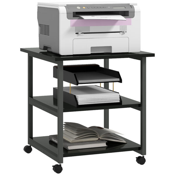 HOMCOM 3-Tier Printer Stand with Storage Shelf, Mobile Printer Table on Wheels, 50 x 50 x 52.5cm Rolling Printer Cart for Office, Black Aosom UK