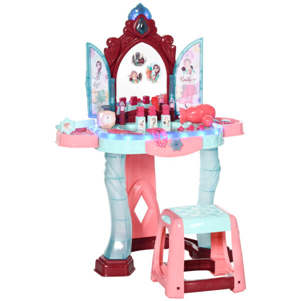 HOMCOM 31 Piece Children's Dressing Table Set with Enchanted Princess Mirror, Musical and Light-Up Beauty Kit, for Ages 3-6, Blue and Pink Aosom UK