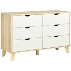 HOMCOM 6-Drawer Wide Chest, Storage Organiser Unit with Wooden Legs for Bedroom, Living Room, White and Light Oak Aosom UK
