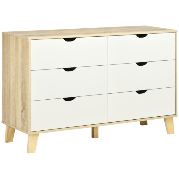HOMCOM 6-Drawer Wide Chest, Storage Organiser Unit with Wooden Legs for Bedroom, Living Room, White and Light Oak Aosom UK