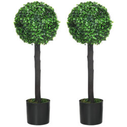 HOMCOM Artificial Boxwood Topiary Balls Set of 2: Faux Plants in Pots, Indoor Outdoor Decor, 20x20x60cm, Green. Aosom UK
