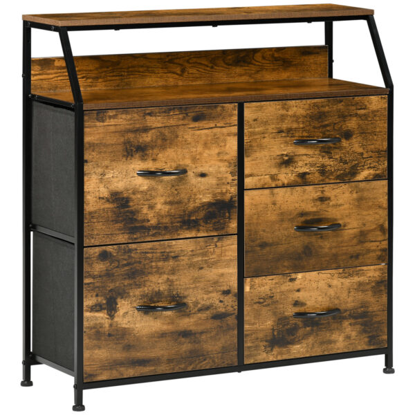 HOMCOM Bedroom Chest of Drawers, Industrial 5 Fabric Drawer Dresser with Open Shelf for Living Room, Rustic Brown Aosom UK