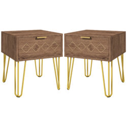 HOMCOM Bedside Table Set of 2 with Drawer, Wooden Nightstand, Modern Sofa Side Table with Gold Tone Metal Legs for Bedroom