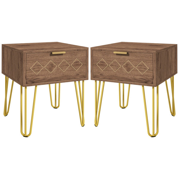 HOMCOM Bedside Table Set of 2 with Drawer, Wooden Nightstand, Modern Sofa Side Table with Gold Tone Metal Legs for Bedroom