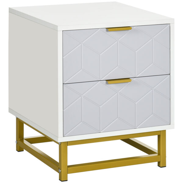HOMCOM Bedside Table with 2 Drawers, Side Table, Bedside Cabinet with Steel Frame for Living Room, Bedroom, Grey and White Aosom UK