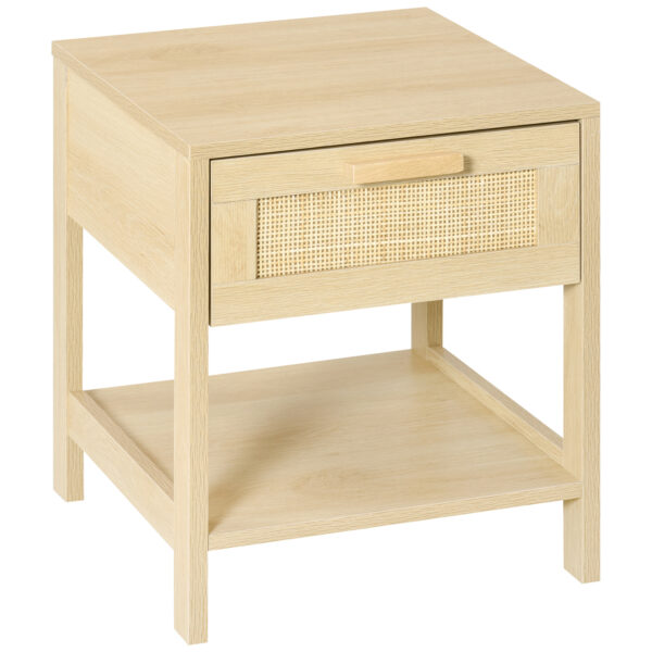 HOMCOM Bedside Table with Rattan Accent Drawer and Lower Shelf, Compact Nightstand for Bedroom or Living Room Storage Aosom UK