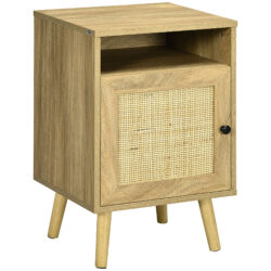 HOMCOM Bedside Table with Rattan Element, Side End Table with Shelf and Cupboard, 39cmx35cmx60cm, Natural Aosom UK