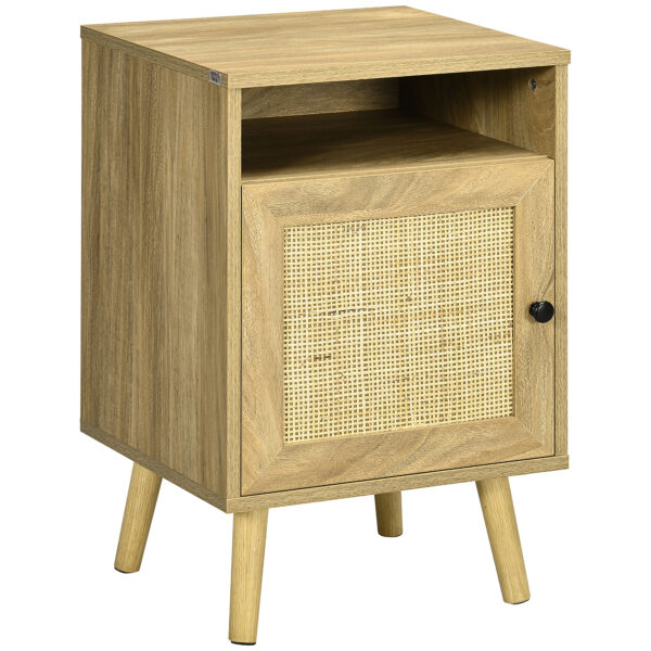 HOMCOM Bedside Table with Rattan Element, Side End Table with Shelf and Cupboard, 39cmx35cmx60cm, Natural Aosom UK