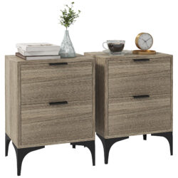 HOMCOM Bedside Tables Set of 2, Modern Nightstand w/ 2 Drawers, Small Sofa End Tables w/ Storage, Steel Legs for Bedroom, Living Room, Grey Aosom UK