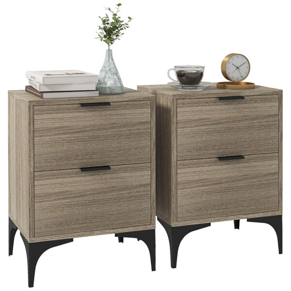 HOMCOM Bedside Tables Set of 2, Modern Nightstand w/ 2 Drawers, Small Sofa End Tables w/ Storage, Steel Legs for Bedroom, Living Room, Grey Aosom UK
