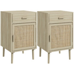 HOMCOM Bedside Tables Set of 2, Rattan Side Tables w/ Drawer, Cabinet, Adjustable Shelf, Bedside Cabinets w/ Storage for Living Room Aosom UK