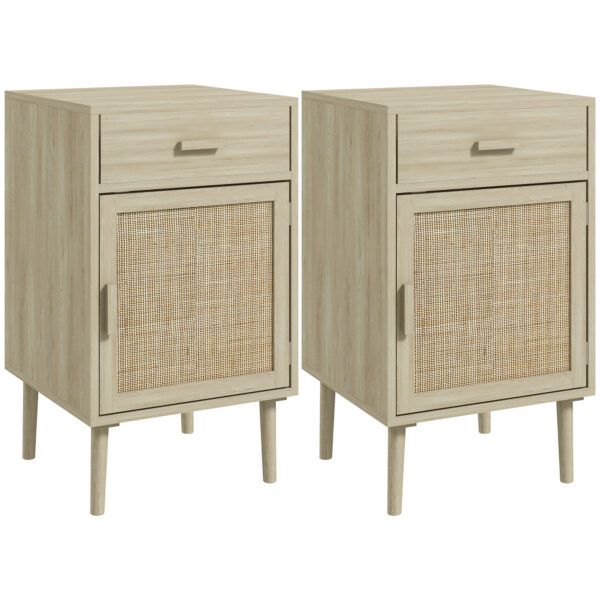 HOMCOM Bedside Tables Set of 2, Rattan Side Tables w/ Drawer, Cabinet, Adjustable Shelf, Bedside Cabinets w/ Storage for Living Room Aosom UK