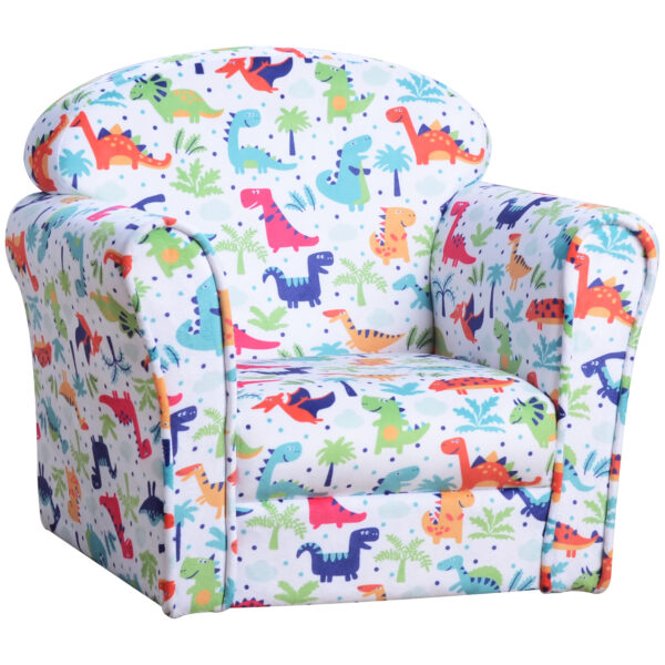 HOMCOM Children Armchair Kids Sofa Tub Chair Seat Cartoon Dinosaur Pattern Bedroom Flannel Wooden Frame Non-slip Playroom Seater Aosom UK