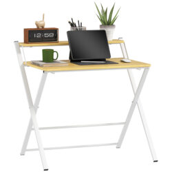 HOMCOM Compact Folding Desk for Small Spaces, Foldable Computer Desk with Storage Shelf for Home Office, 86 x 66 x 82 cm, Maple Wood-effect
