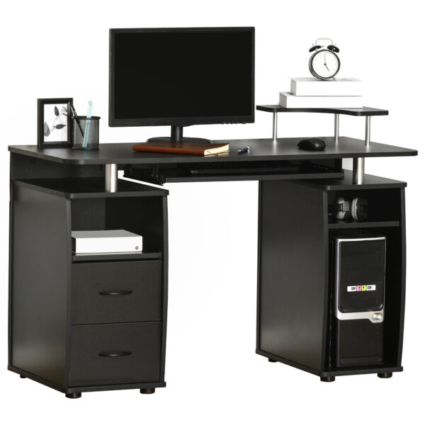 HOMCOM Computer Desk Office PC Table Workstation with Keyboard Tray, CPU Shelf, Drawers, Sliding Scanner Shelf, Black Aosom UK