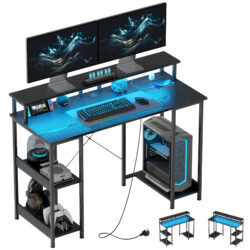 HOMCOM Computer Desk with Power Outlets & LED Lights, 120 x 50cm Reversible Home Office Desk with Monitor Stand, Cable Management, Black
