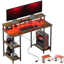 HOMCOM Computer Desk with Power Outlets and LED Lights, 120 x 50cm Reversible Home Office Desk with Monitor Stand and 2-Tier Shelves, Rustic Brown