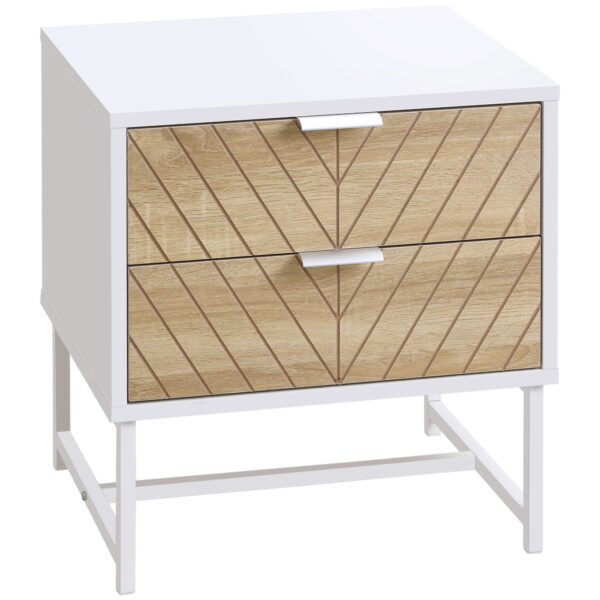 HOMCOM Contemporary Bedside Cabinet: White & Oak Nightstand with 2 Drawers, Metal Frame, Sofa Side Table Aosom UK