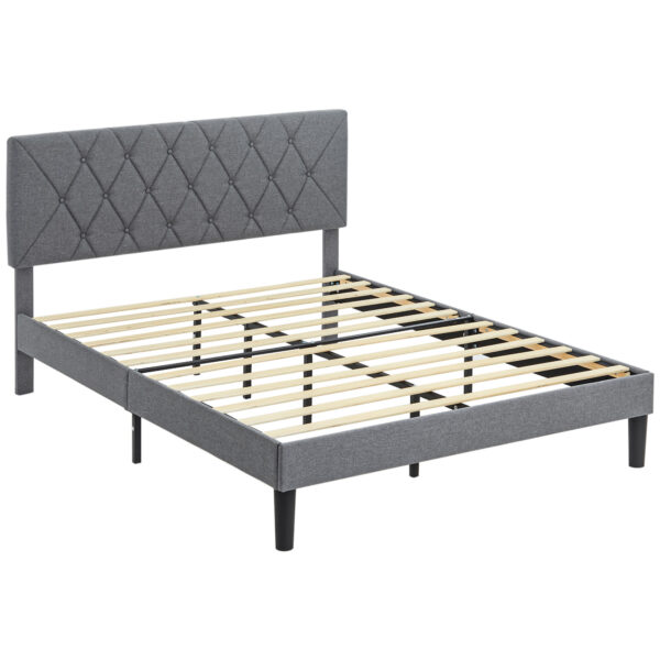 HOMCOM Double Bed Frame with 5-Level Adjustable Linen Upholstered Headboard, Wooden Slats Mattress Foundation, No Box Spring Needed, Grey Aosom UK