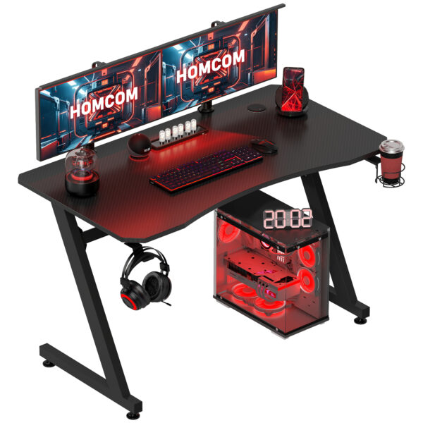 HOMCOM Ergonomic Gaming Desk, Steel Frame, Cup Holder, Headphone Hook, Adjustable Feet, Cable Management, Home Office, Black. Aosom UK