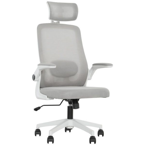 HOMCOM Executive Office Chair, Ergonomic Mesh High Back Desk Chair with Flip-up Armrest, Adjustable Lumbar Support, Headrest for Home Study, Grey