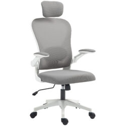 HOMCOM Executive Office Chair, Ergonomic Mesh High Back Desk Chair with Flip-up Armrest, Headrest, Adjustable Lumbar Support for Home Study, Grey