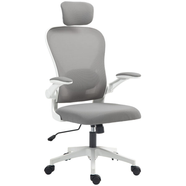 HOMCOM Executive Office Chair, Ergonomic Mesh High Back Desk Chair with Flip-up Armrest, Headrest, Adjustable Lumbar Support for Home Study, Grey