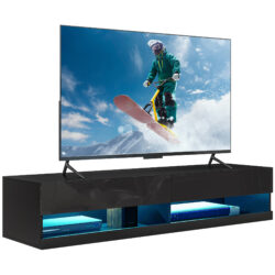 HOMCOM Floating TV Unit Wall Mounted TV Cabinet, High Gloss Media Wall Unit with LED Lights, Storages Shelves for Entertainment Black Aosom UK