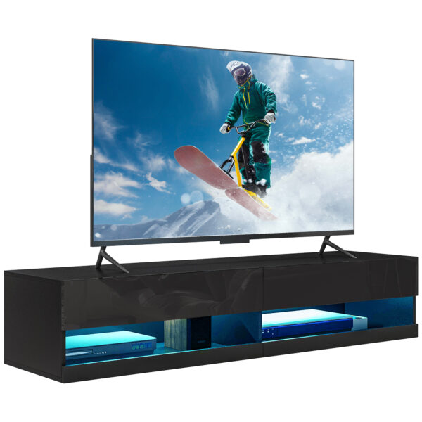 HOMCOM Floating TV Unit Wall Mounted TV Cabinet, High Gloss Media Wall Unit with LED Lights, Storages Shelves for Entertainment Black Aosom UK