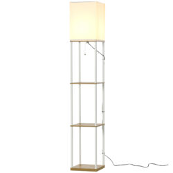 HOMCOM Floor Lamp with Shelves, Floor Standing Lamp w/ 3 Layer Shelf, Fabric Lampshade, Pull Chain Switch for Living Room, Bedroom, White Aosom UK