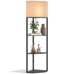 HOMCOM Floor Lamp with Shelves, Pull Chain Switch, Floor Standing Lamp, Modern Tall Standing Lamps for Living Room, Bedroom, Black Aosom UK