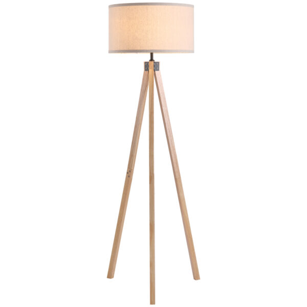 HOMCOM Floor Standing Lamp, Floor Lights with Cylinder Shaped Linen lampshade, Tripod-Style Wooden Base, Brown and Beige Aosom UK