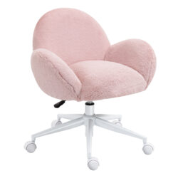 HOMCOM Fluffy Leisure Home Office Chair with Backrest and Armrest, Makeup Chair with Wheels for Bedroom Living Room, Pink Aosom UK