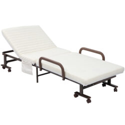 HOMCOM Folding Bed with 8cm Mattress, Portable Foldable Guest Bed with Adjustable Backrest, Metal Frame on Wheels, Brown Aosom UK