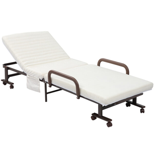 HOMCOM Folding Bed with 8cm Mattress, Portable Foldable Guest Bed with Adjustable Backrest, Metal Frame on Wheels, Brown Aosom UK