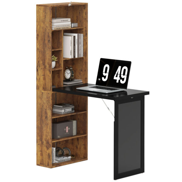 HOMCOM Folding Desk with Blackboard Multi-function Computer Office Workstation Side Shelf for Home Office, Rustic Brown
