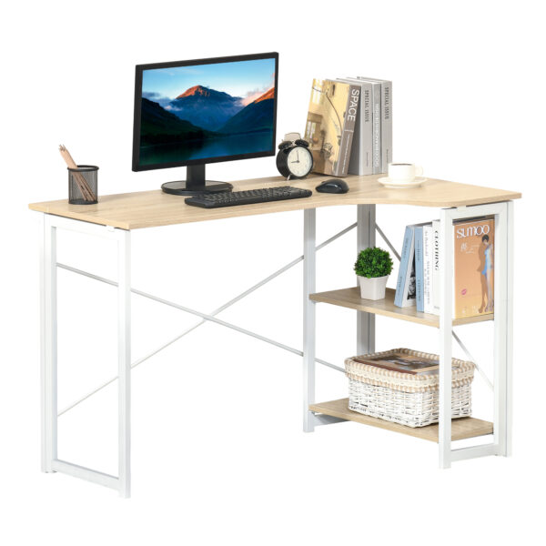 HOMCOM Folding L-Shaped Computer Desk, Oak Tone Corner Home Office Study Workstation with 2 Shelves Aosom UK