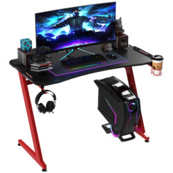 HOMCOM Gaming Desk, Ergonomic Home Office Desk, Gamer Workstation Racing Table w/ Headphone Hook & Cup Holder, 122 x 66 x 86cm, Black & Red Aosom UK