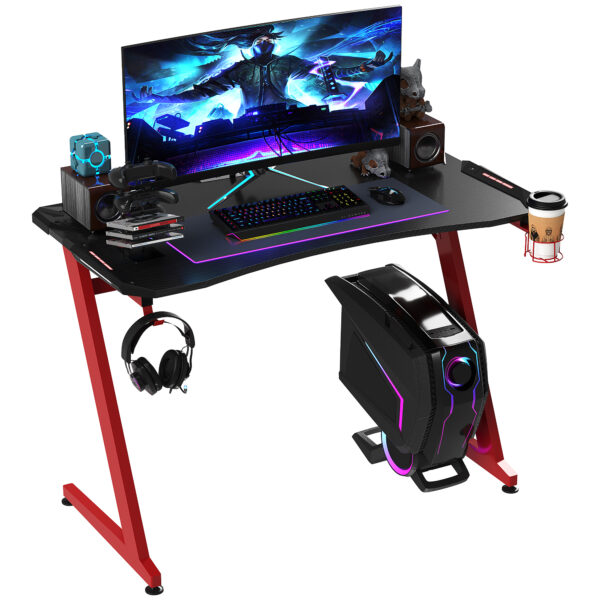 HOMCOM Gaming Desk, Ergonomic Home Office Desk, Gamer Workstation Racing Table w/ Headphone Hook & Cup Holder, 122 x 66 x 86cm, Black & Red Aosom UK