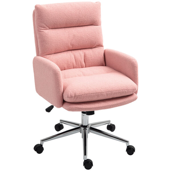HOMCOM Home Office Chair, Upholstered Sherpa Fleece Desk Chair with Height Adjustable, Tilt Function and Wheels for Home Office and Study Room, Pink