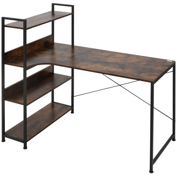 HOMCOM Industrial Brown Computer Desk, Retro Home Office Table with 4-Tier Shelf, Metal Frame Workstation Aosom UK