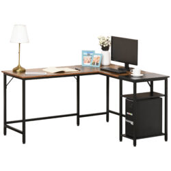 HOMCOM Industrial L-Shaped Computer Desk, Corner Writing Desk w/ Adjustable Shelf, Space-Saving Workstation, Rustic Brown, for Home Office Aosom UK