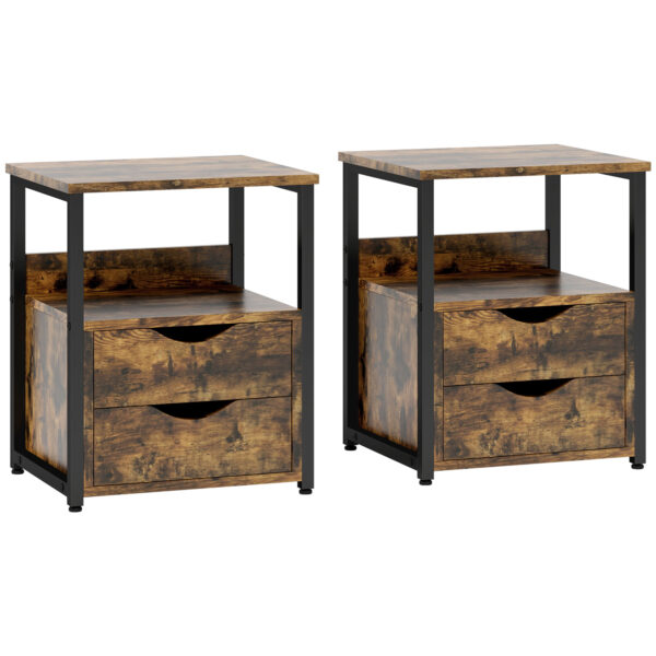 HOMCOM Industrial Side Table Set of 2, Bedside Cabinet with Storage Shelf, Slim Nightstand for Living Room, Bedroom, Rustic Brown