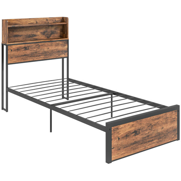 HOMCOM Industrial Single Bed Frame, 3.1FT Steel Bed Base w/ Storage Headboard, Footboard, Under Bed Storage, 95 x 209cm, Rustic Brown Aosom UK