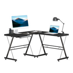 HOMCOM L Shape Office Gaming Desk, Straight Corner Table, Computer Work Station, Laminated, Sturdy, with Keyboard Tray, Black Aosom UK