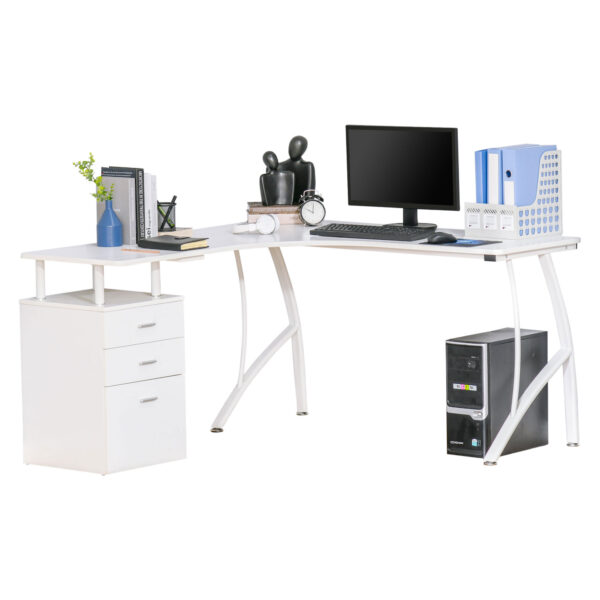 HOMCOM L-Shaped Computer Desk Table with Storage Drawer Home Office Corner Industrial Style Workstation, White Aosom UK