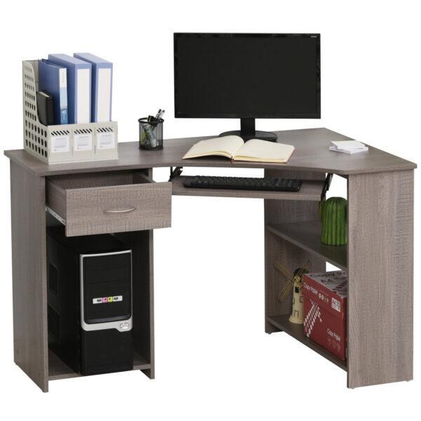 HOMCOM L-Shaped Corner Computer Desk w/ 2 Shelves Wide Worktop Keyboard Tray Drawer & CPU Stand Home Office Study Bedroom Furniture Grey Aosom UK